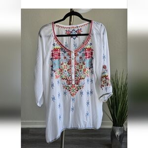 Johnny Was Knit Embroidered Tunic Top Trapeze Cotton  3/4 Sleeve Sz. XS